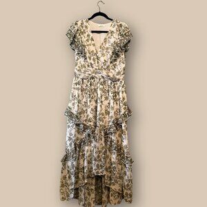 Max Studio Floral Maxi Dress Womens White Green Ruffle Sleeve High Low Boho